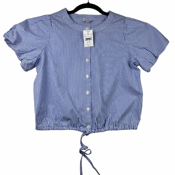 J.Crew Women’s Striped Blouse Puff-Sleeve Tie-Waist Top Banker Blue Sz XS NWT - Picture 2 of 11